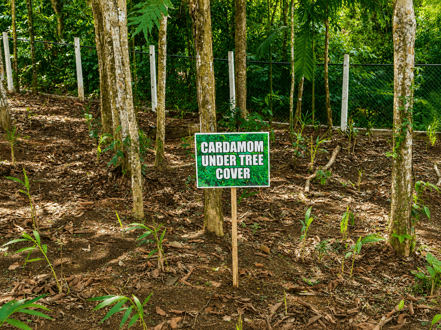 Cardamom growing under tree cover, marked on the farm