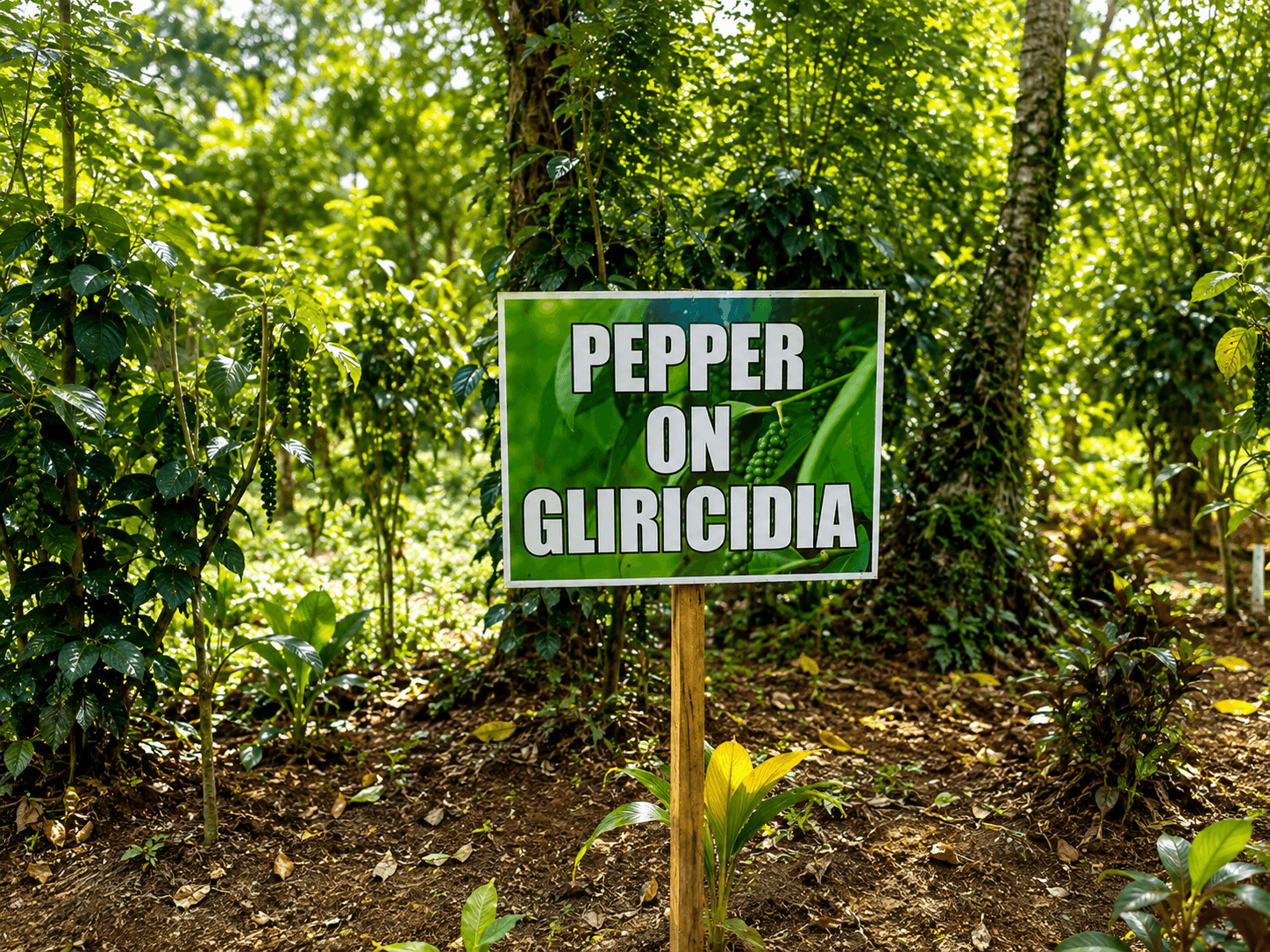 Pepper vines trained on gliricidia, marked on the farm as Pepper on Gliricidia